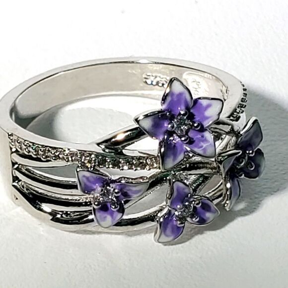 Violet (Purple) Flower Clear / White Diamond Ring on 925 Sterling Silver - Picture 7 of 8